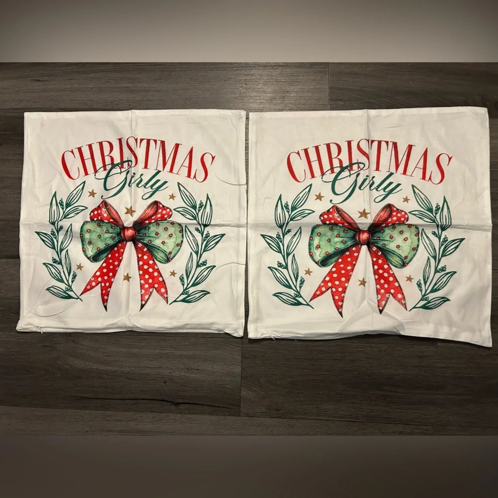 Christmas Girly 2-Pillow Covers,2- 18x18, Red and Green Christmas Bow Decorative
